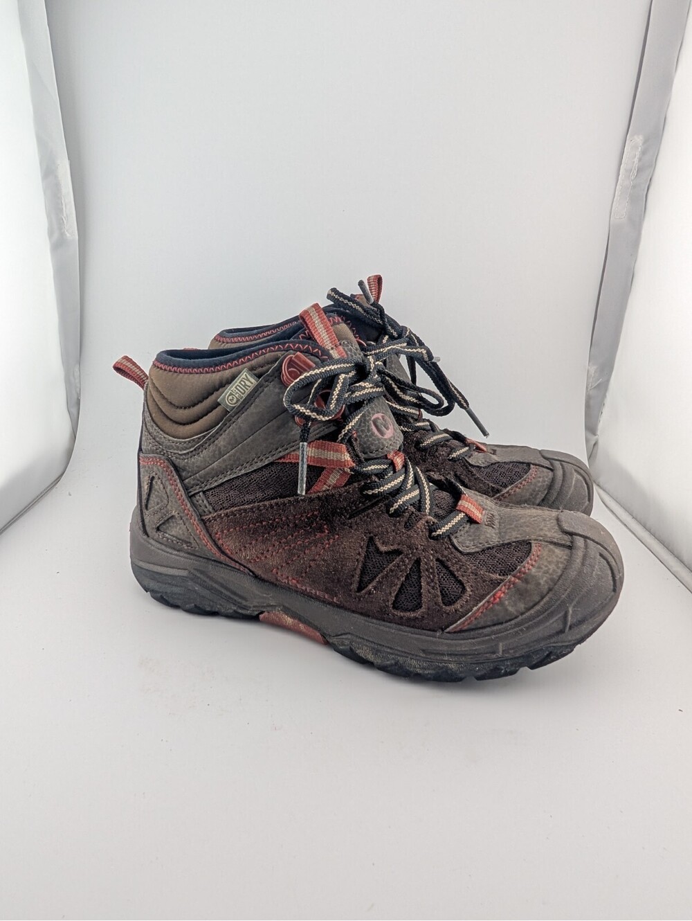 Merrell Kids Size 1 Capra Mid Waterproof Hiking Boots Brown Suede Leather